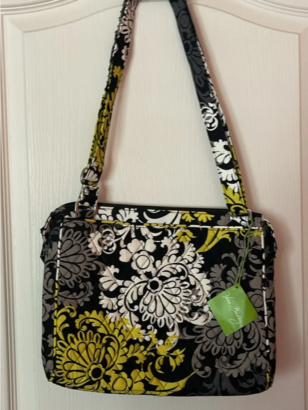 Quilted Floral Tablet Shoulder Bag - Black, Yellow & White